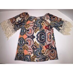 R Rouge Paisley Crochet Sleeve Blouse Top M Peach Blue Boho Made in USA